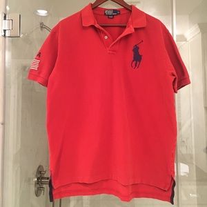 RL polo Red with navy blue logo. Size XL.